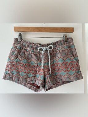 Roxy Teal & Coral Patterned Pull On Drawstring Shorts Boho Tribal Coastal Beach